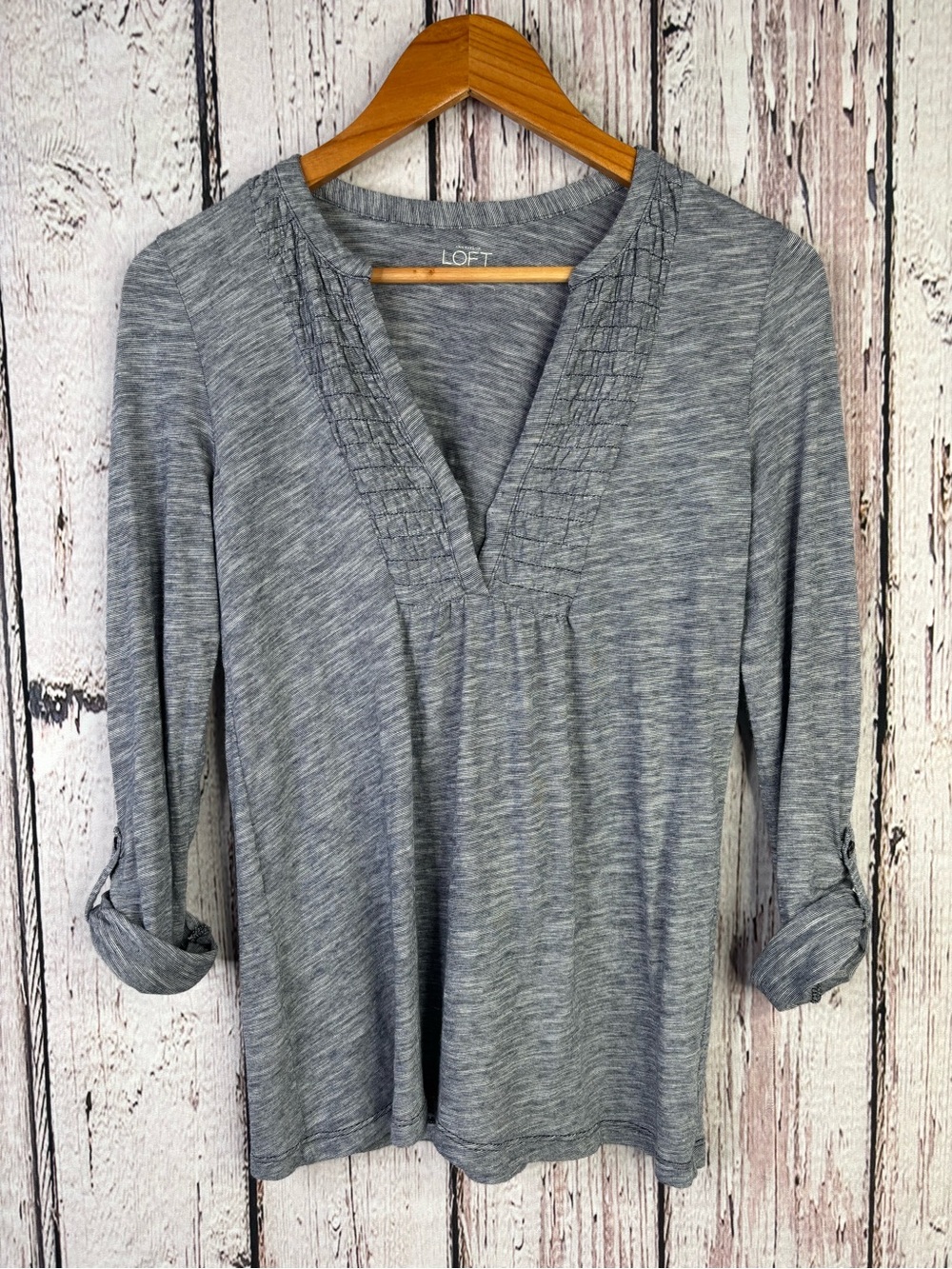 LOFT Petites Small Petite V-Neck Roll Tab Sleeve Shirt Heather Gray Lightweight